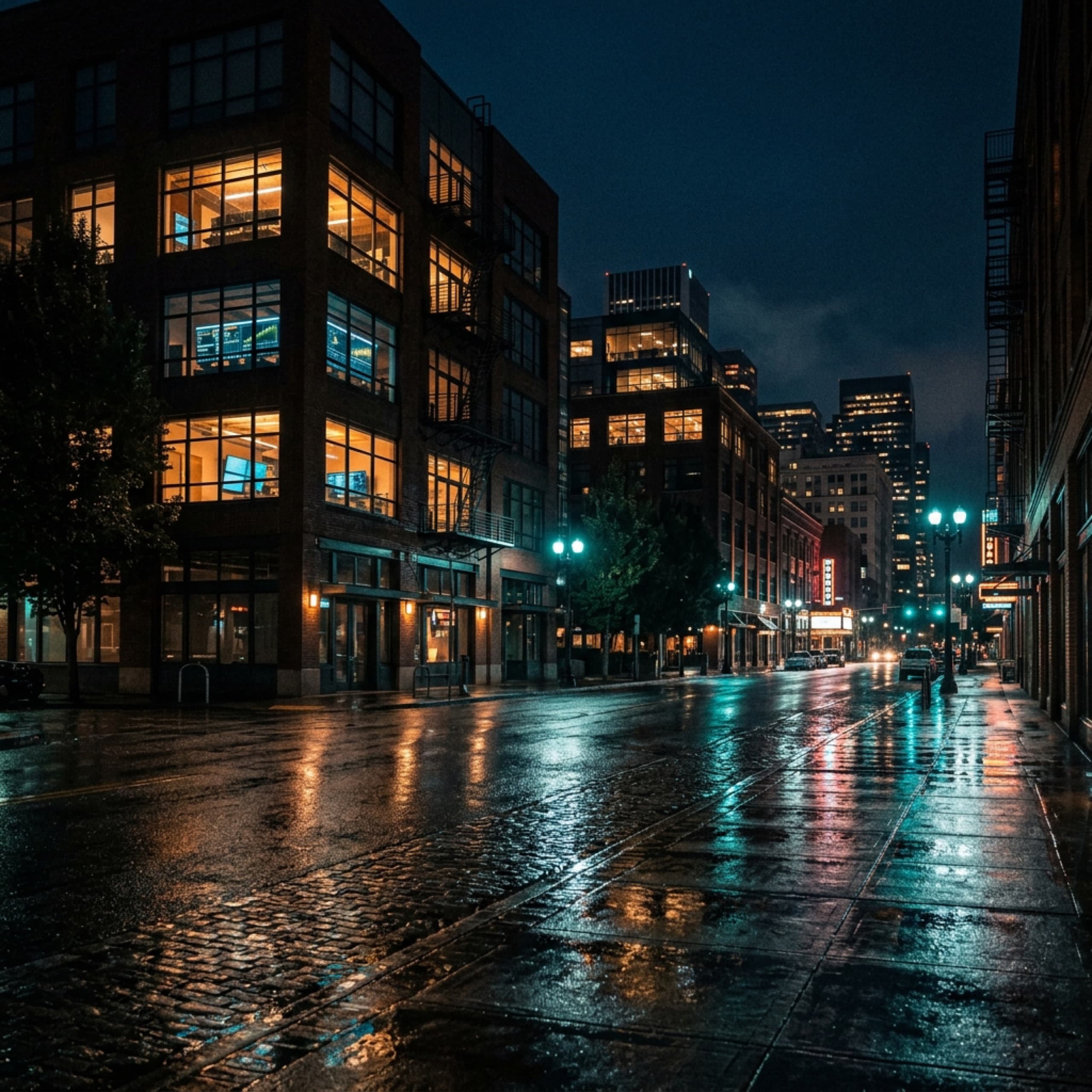 Portland Oregon Pearl District at night with modern loft windows and data screens visible, representing analytics and reporting services