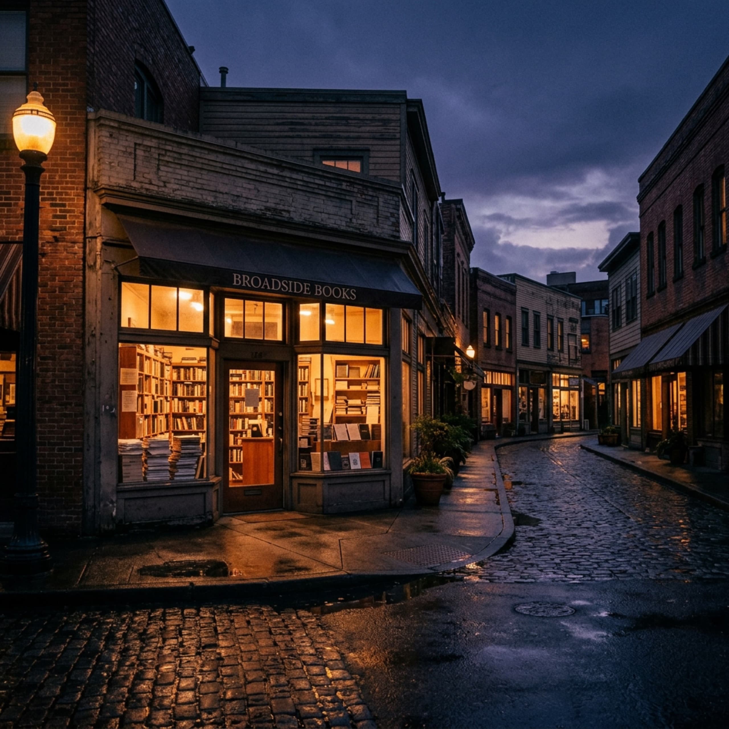 Portland Oregon bookshop and creative district at twilight with warm window lights, representing content marketing services