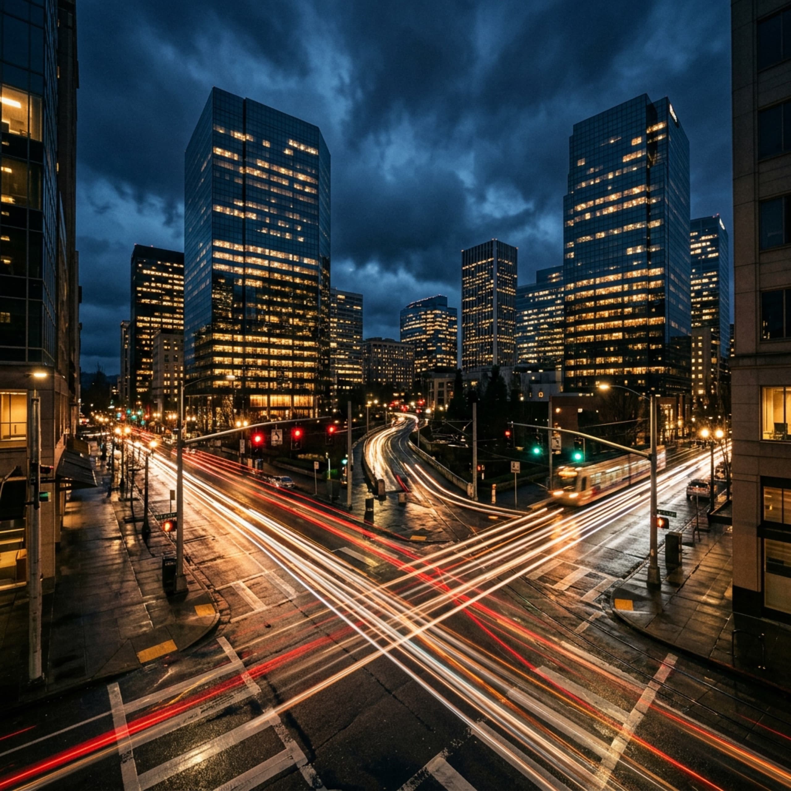 Portland Oregon downtown intersection at night with traffic light trails on wet pavement, representing conversion rate optimization services