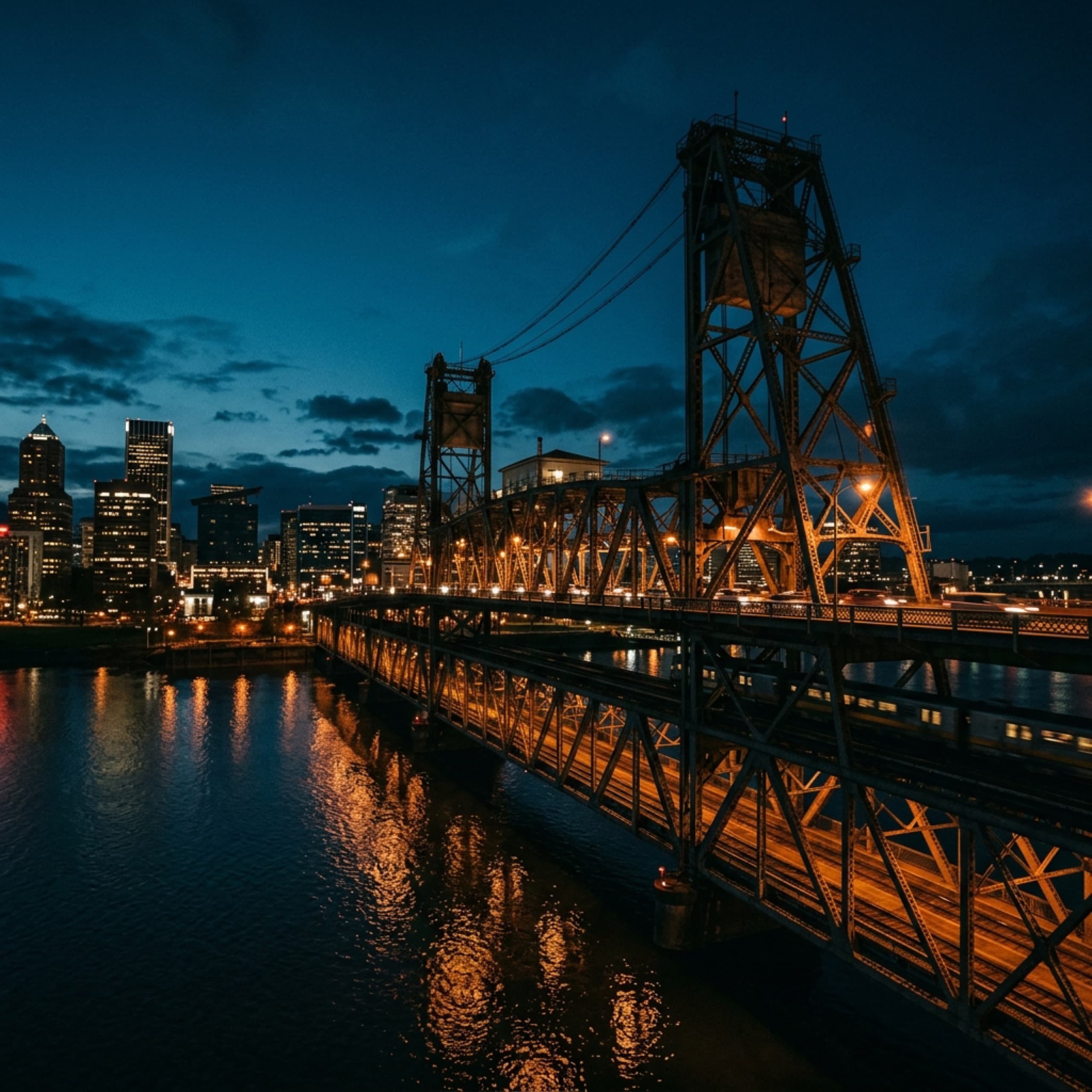 Portland Oregon Steel Bridge at night with amber lighting reflecting on the Willamette River, representing link building services